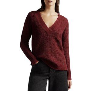 New Ted Baker V Neck Open Knit Size 3 US 8 Burgundy Red Sweater $260